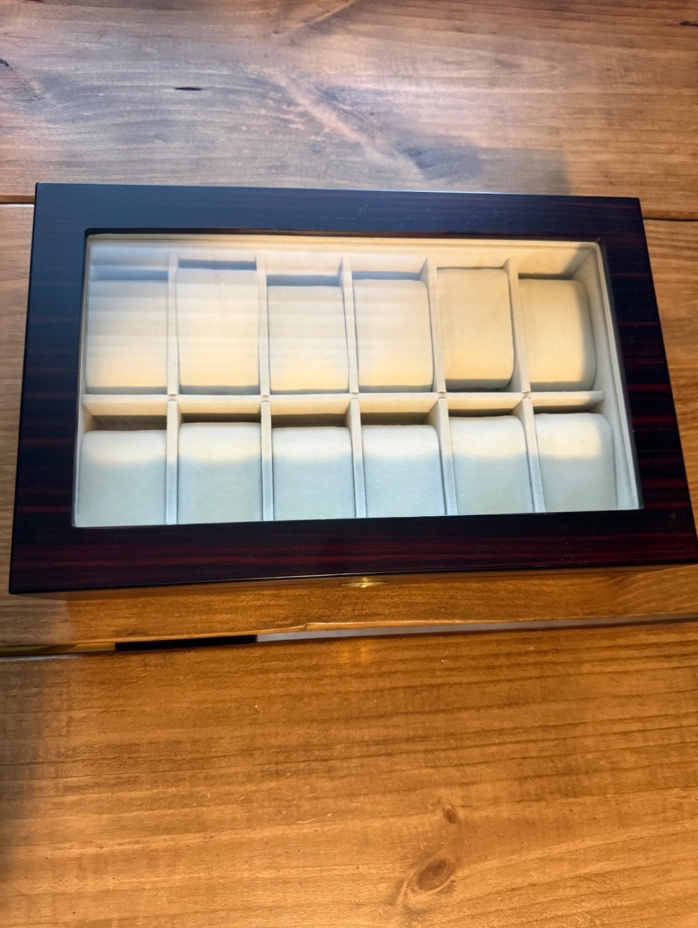 Wooden Watch Storage Box with Glass Lid and Multiple Compartments
